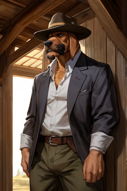 solo, male, brown wolf werewolf, (wearing a beige cowboy hat, white t-shirt, hand on blue jeans, and tug and pull down the zipper of his jeans), low angle, (Portrait Focus), evil expression, head to thighs, looking at viewer, high detailed, masterpiece, by Meesh