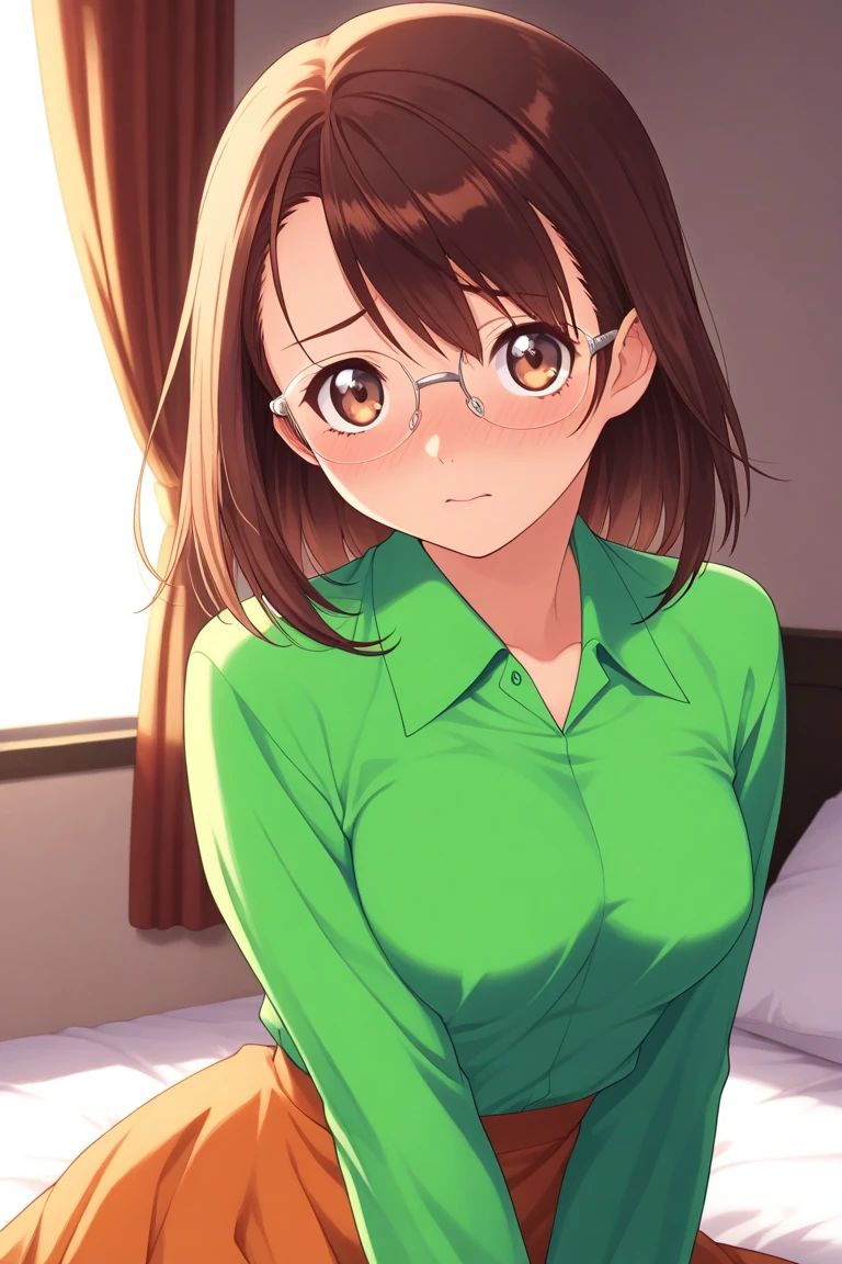 green_Wearing a white uniform,Black long stockings,黄colorいhair,green eyes,lipstick, 前hair,hair_good, 1 girl, 20-year-old,young woman,beautiful Finger,beautiful long legs,beautiful body,beautiful nose,beautiful character design, Perfect Eyes, Perfect face,Expressive eyes, Displaying the viewer, Center the image,(Light_笑face:0.5), Official Art,Extremely detailed CG unified 8k wallpapers, Perfect Lighting,colorful, bright_front_face_Lighting,Shiny skin, (masterpiece:1.0),(Highest_quality:1.0), 超High resolution,4K,Very detailed, photograph, 8k, High resolution, (bend over,Bend,Be red in the face,Blush Lash,Sweaty,Breathe life into it,the whole body gets wet,),High resolution, Absurd:1.2, Kodak Portrait 400, Film Grain, The background is blurred, Bokeh:1.2, Lens flare, (Vibrant_color:1.2) (beautiful,big_chest:1.0), (beautiful_face:1.5),(narrow_Upper Body),(((Stay in a hotel,Sitting on the couch,Wearing black glasses))) ,
