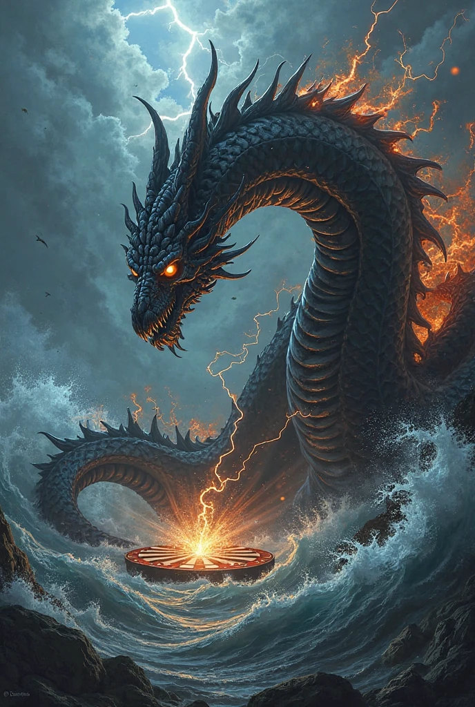 a giant eight-headed serpent, eight heads each breathing out elemental particles of fire, water, earth, wind, ice, lightning, poison, darkness, highly detailed, cinematic lighting, dramatic composition, muted color palette, dark moody atmosphere