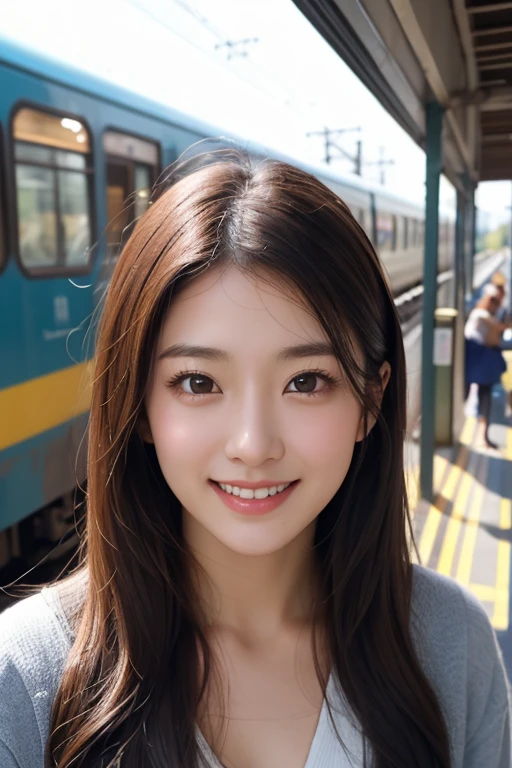 Top image quality、masterpiece、Beautuful Women、japanes、25-years old、On the train、(masuter piece:1.3)、(8k、Photorealsitic、RAW Photography、top-quality:1.4)、(1girl)、美丽的面容、(lifelike face)、(A dark-haired、realisticeyes、Beautiful details、(real looking skin)、White camisole、sleeveless、absurderes、enticing、ultra res、A hyper-realistic、high detal、the golden ratio、a smile、dual、Long、Loose perm、Beautiful Japan woman、Moderate breasts