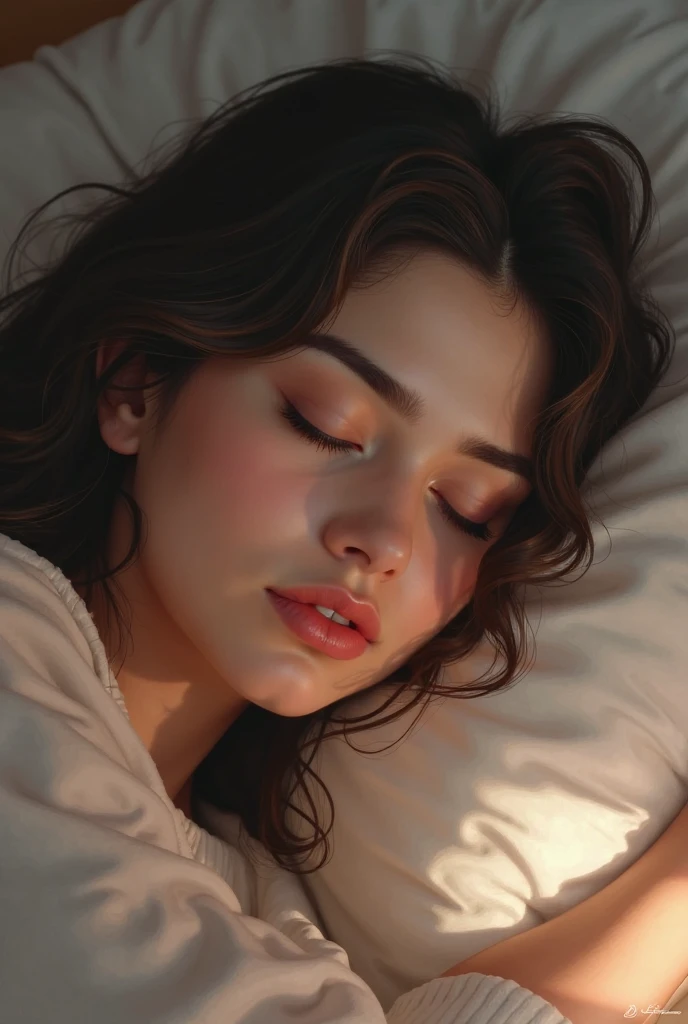imagem realista de uma mulher deitada na cama com um travesseiro branco em 1930, imagem realista de uma mulher deitada, realistic cinematic image, imagem com detalhes precisos, rosto realista e perfeito, cinematic, 8k