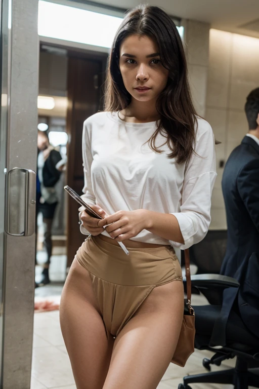1 brunette woman, shorth hair, open black suit, suit under the shoulders, breasts showing, topless, black pantyhouse, inside an elevator
