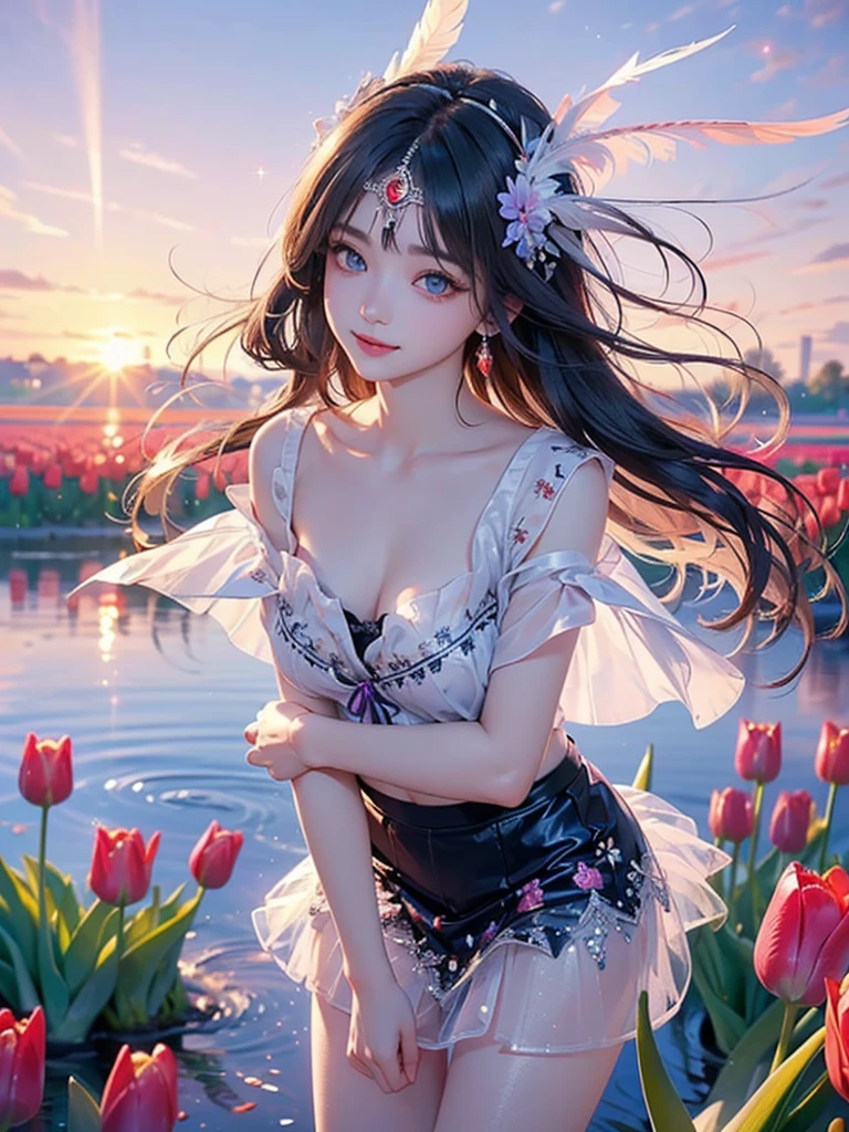 (little girl:1.5),lace,ribbon,(masterpiece, sidelighting, finely detailed beautiful gray eyes: 1.2), medium breast, realistic, glowing eyes,shiny hair,black hair,long long hair, lustrous skin, tiny breast showing,solo, embarassed,Strapless,exquisite,beautifly,garden,flowers,flying petals, bare legs, cherry blossom, cinematic light, cinematic composition, abundant expressions