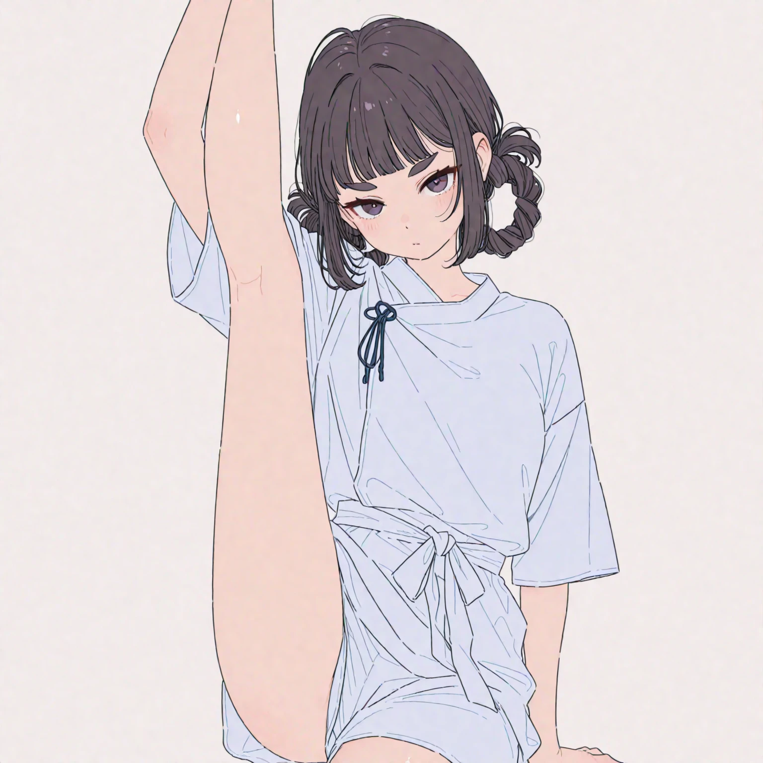 ((Medium Shot)), beautiful girl, slender, very short brown hair, wear a white long-sleeved T-shirt, white bikini panties , Perfect hands, Perfect body, put her feet on the table., barefoot, The eyes out of sight , ((Exquisite detail)), Very finely crafted fingers(((10 fingers))), , (Full-body showcase), (Show your whole body), (No logos on background), (No logo), ((Plain background)), ((Plain background)), bare foot, The camera frame is taken from below.,