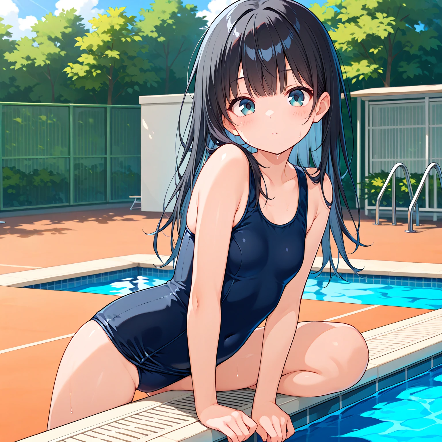 school swimsuit, pool side