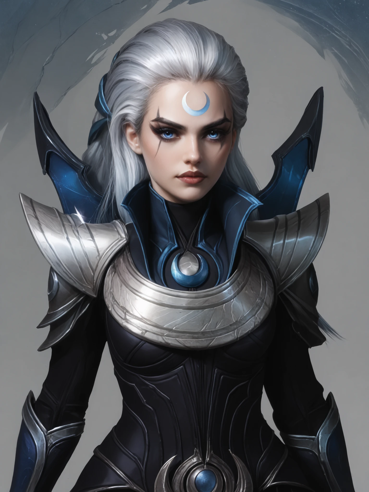 Highly detailed, stylized digital illustration, Diana, league of legends, goth girl, long silver hair, blue eyes, dark armor with silver and blue details, crescent-shaped shoulder pads and greaves, neutral background, front view, upper body illustration.
