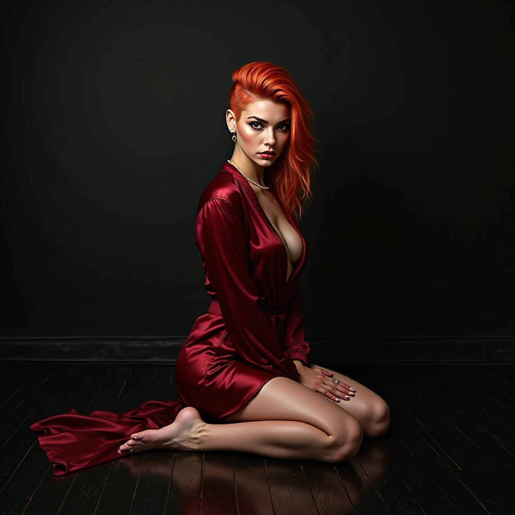 redhead natural girl, curly hair, , wearing a white robe half open showing black lingerie huge breasts, sitting on a massage table, photo studio, black background,(best quality,4k,8k,highres,masterpiece:1.2),ultra-detailed,(realistic,photorealistic,photo-realistic:1.37),extremely detailed eyes and face,longeyelashes,detailed skin,detailed lingerie,detailed robe,detailed massage table,dramatic lighting,cinematic lighting,warm color palette,chiaroscuro lighting