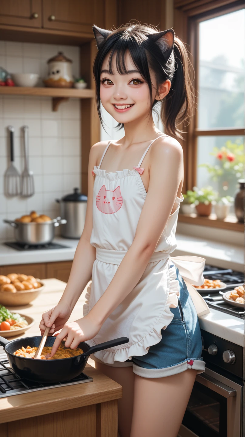 paprika, onion, chopping board, Beautiful woman wearing a teddy bear apron over an off-shoulder t-shirt, magazine pose, Mint and white kitchen, poop-haired,