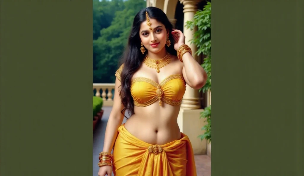 Beautiful painting of a woman in a sari with a necklace and earrings, beautiful thick figure, Thick curvy beauty, looks like Sandeepa Dhar, inspired by Raja Ravi Varma, szukalski ravi varma, portrait of a beautiful goddess, by Raja Ravi Varma, indian goddess, traditional beauty, a stunning portrait of a goddess, inspired by T. K. Padmini, indian art, indian goddess of wealth, portrait of a goddess