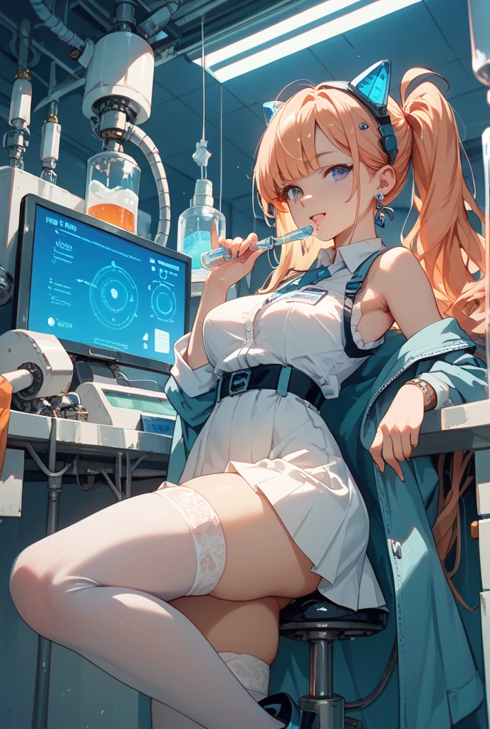(Nixie tube clock in hand:1.4), ((doctor's) white gown:1.6), (Nixie tube clock with glowing orange: 2.2), (Divergence meter: 2.0), cinematic lighting, oversized doctor coat, rabbit ears, thick eyebrows, eye sun, small, pigtails, beautiful blonde, braid, ( masterpiece), ((highest quality)), (super detailed), full body anime girl, clean and detailed face, high resolution and beautiful eyes, five fingers, textile shading, perfect human body structure, perfect anatomy,