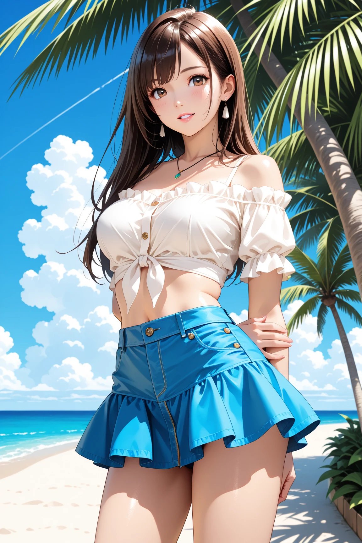 ((Extremely exposed))(High-definition image quality)極Realistic skin texture、High definition face(brown、Very long straight hair、Hair behind the ear、Beautiful moist brown hair、Smooth Hair)((Bright smile))、Gaze(sexyな25歳の女の子、Idol Makeup、Eyeliner)(Fair skin)(Sparkling eyes)Smooth Skin、Realistic skin texture ((Oversized T-shirt、Short length、Cleavage) ((Very short pleated mini skirt、damage、Super tight、small、Ultra low rise、Flipping in the wind))))Beautiful armpits、On the position of the chest、Round big breasts、Beautiful valley、Ultra-thin waist、Waistline、Long legs、Glitter High Heels((((Seaside cafe during the day))))(((((Medium full shot from below、sexy))))))Erotic and bold poses、