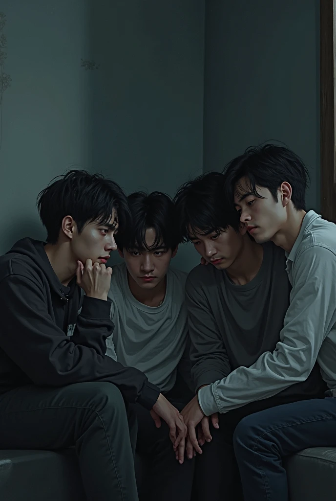 A boy with black hair, pale skin and tall, he is on his knees crying with his hands covering his face while behind him is his friend sitting leaning on him and in front of the boy there is a woman on her knees wanting to touch his face and behind the girl there is a boy standing crossed arms looking at the girl in a cold manner
