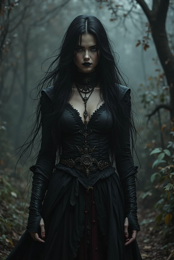 young gothic girl, white eyes, porcelain white skin, long black hair, dark but sexy makeup, black painted lips, black lace dress, The dress has straps that form a pentagram design, wears corset with little skull buttons, Sexy look and smile with an air of superiority, Wicca sexy. Background a gloomy forest.