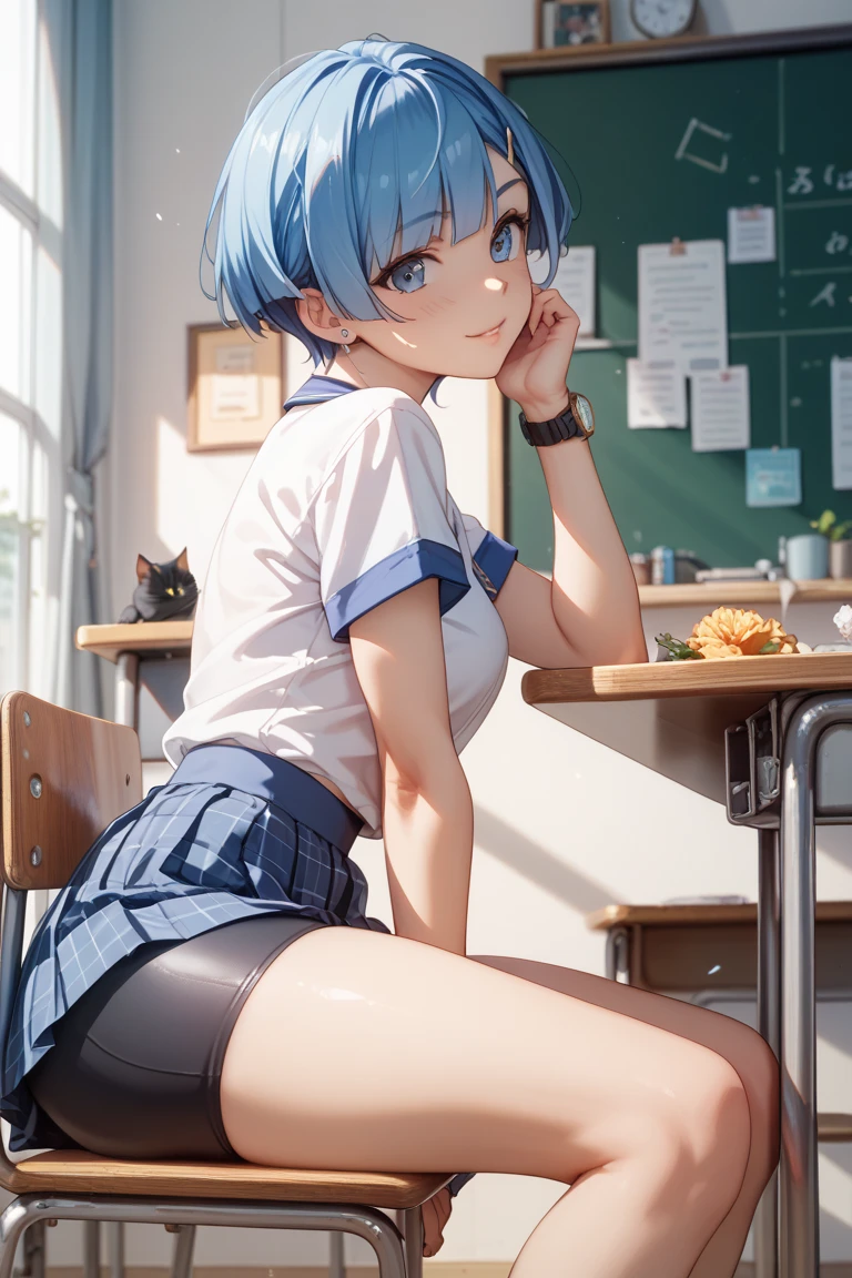 1girl, solo, short hair, skirt, underwear, school uniform, blue hair, panties, ass, looking back, clothes lift, from behind, white panties, cameltoe, skirt lift, bent over, desk, ass focus, classroom, school desk, naked 