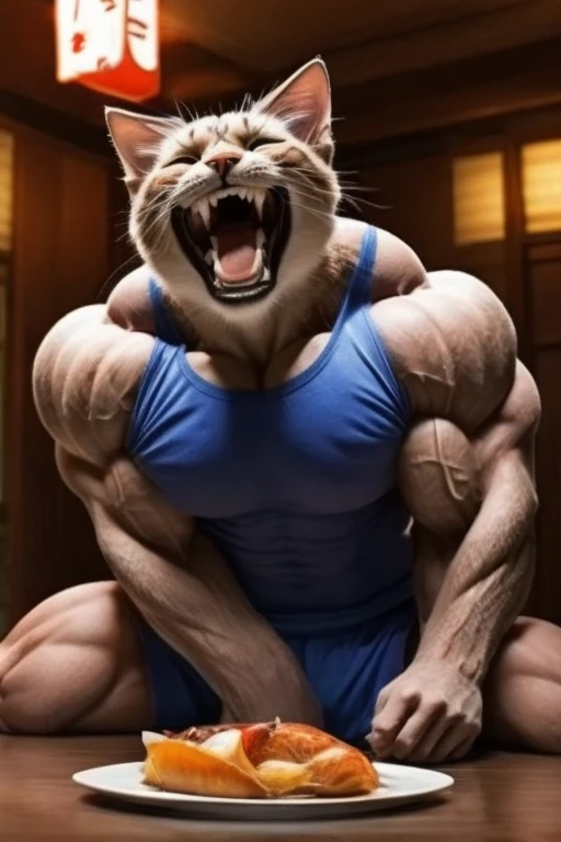 Make bodybuilder his head is cat and body is human Fighting with Another white cat bodybuilder white cat has got bodybuilder punched and died with big muscle then white muscle face becomes sad