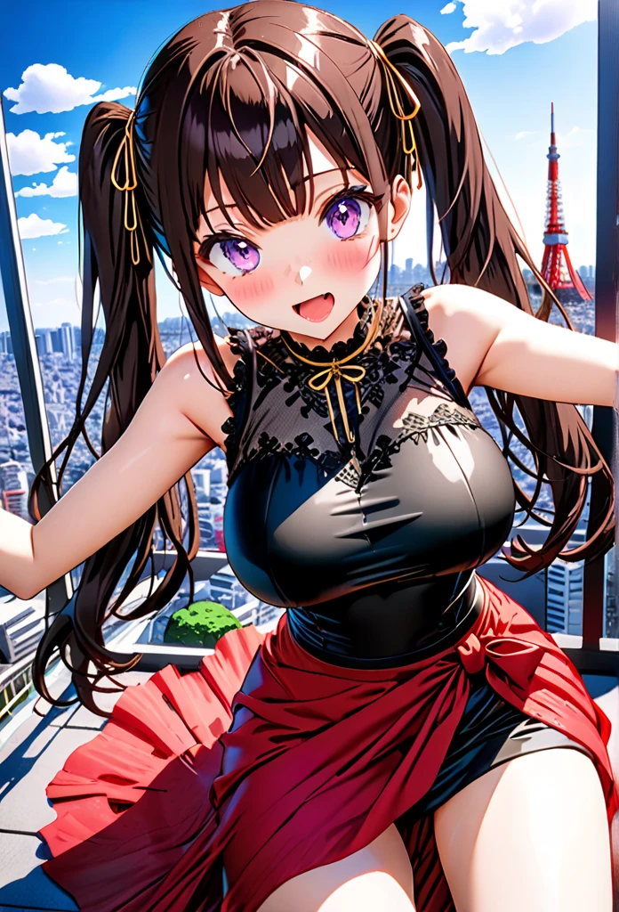 High resolution、Super detailed、(1 girl:1.3)、complex architecture、lush garden、Designing images using the fisheye effect、Capture a wide field of view with a unique curved perspective、panoramic cityscape、Creating elevation-aware rooftop views in urban environments、smile、cleavage