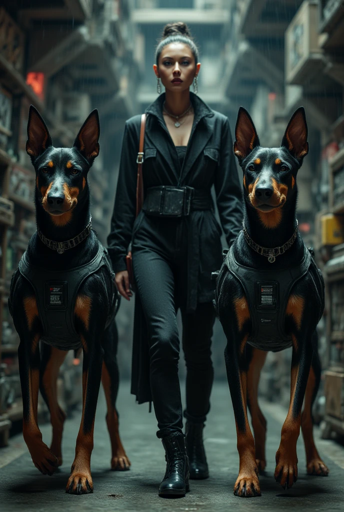Blade Runner inspired surreal dark cyberpunk city alley as background, low angle view, black stray dog looking for food, at dark night. (1girl, solo, alone), medium-breast slim:0.6 body, oval:0.5 face, cleavage:1.1, sexy black laced bra, miniskirt, white laced panty, coat, (black micro sunglasses), (holding a short gun), (slightly leaning forward running pose), half-body thigh level medium shot, cinematic lighting, ray tracing.
