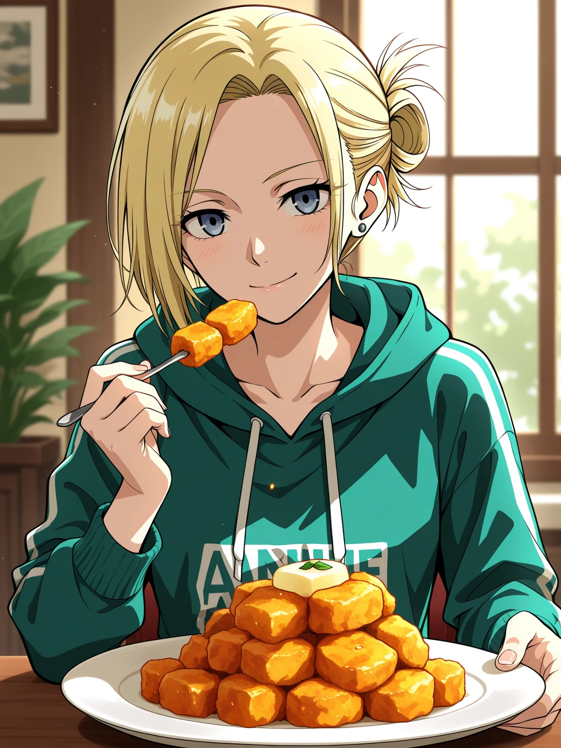 GG, 1girl, solo, close up, angled view, happy, sitting on couch, giant headphones, hoodie jacket, legs crossed, eating pizza, living room, perfect quality, good quality, masterpiece, HDR, UHD <lora:Gagaga Girl-000004:0.8>