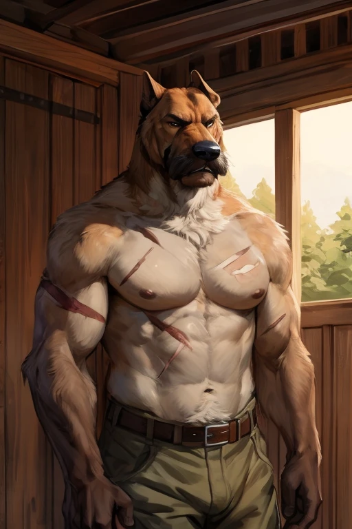4k, high resolution, best quality, perfect colors, perfect shadows, perfect lighting, ((full bodyportrait)), posted on e621, furry body, solo, anthro orange werewolf, (monotone orange fur:1.3), male, black beard, white chest fur, adult, (heavily muscular, manly, brutal, masculine:1.4), green eyes, realistic eyes, hands on neck, suspenders, masculine, (muscular, dense build:1.4, muscular shoulders, massive lactation pecs, massive bulge), living room background, correct anatomy, sitting in the dining room, green short pant, (photorealistic detailed fur, epic, masterpiece:1.2), (by Taran Fiddler, by Chunie, by Rukis, Bonifasko lighting), best posture, claws on hands, (photorealistic fur, detailed fur, epic, masterpiece:1.2), sexy shadows, (by echin, by Taran Fiddler, by takemoto arashi, by Traver009, by Juiceps), (detailed eyes:1.2), impressive physique, focus face, serious face, detailed eyes