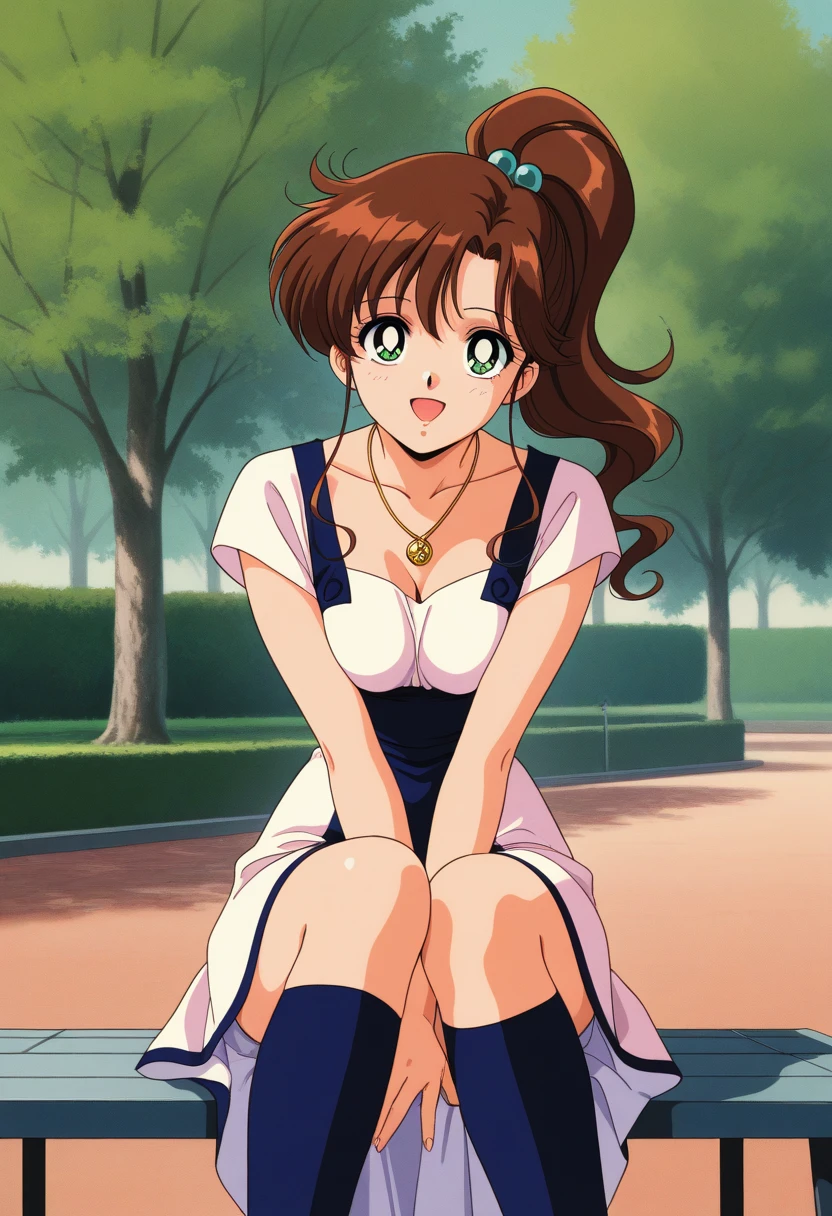 mew, 1girl,solo,smile,
twintails, low-tied long hair, hair ribbon,collarbone,medium breasts, cleavage,
ribbon trim,white sundress, sandals,ankle lace-up, bare shoulders,
hand on own knee, knee up, soaking feet,looking at viewer,
outdoors, day, tree, wind,sky, full body, flower, floating hair,
1990s, (style),
highres, ultra-detailed <lora:mew_xl_v1:0.9>,