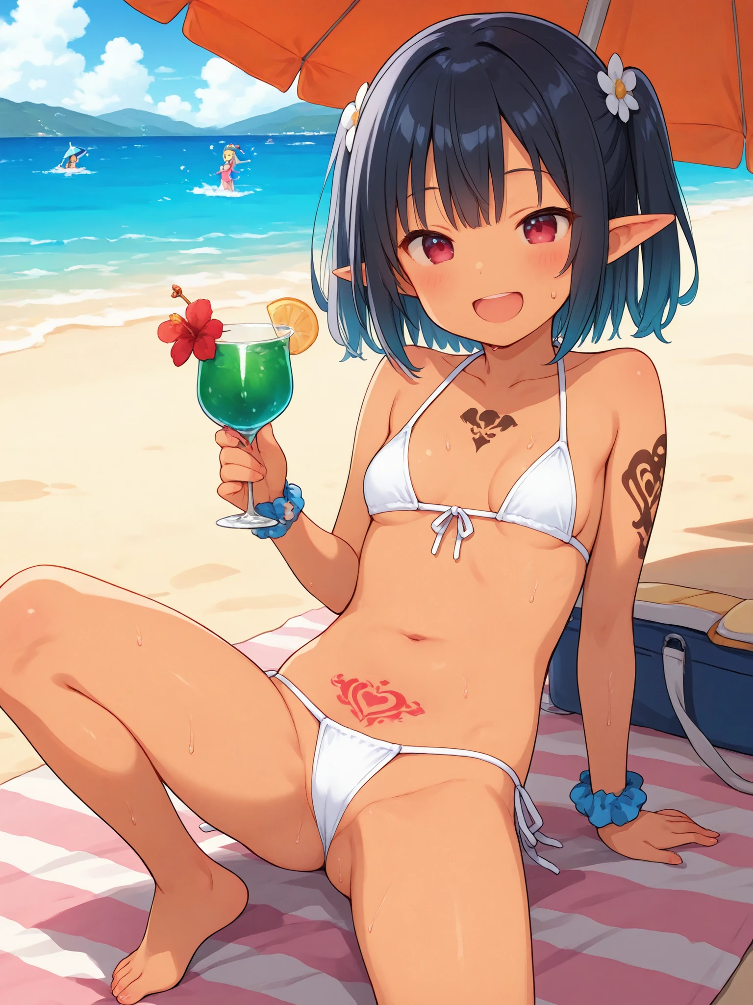 1girl, solo, long hair, breasts, looking at viewer, blush, smile, open mouth, bangs, black hair, navel, holding, twintails, jacket, tail, swimsuit, yellow eyes, braid, heart, bikini, earrings, small breasts, frills, food, open clothes, wings, pointy ears, fang, striped, dark skin, off shoulder, open jacket, dark-skinned female, black bikini, piercing, sunglasses, white jacket, demon girl, holding food, head wings, ear piercing, demon tail, eyewear on head, frilled bikini, demon wings, innertube, popsicle, heart-shaped eyewear