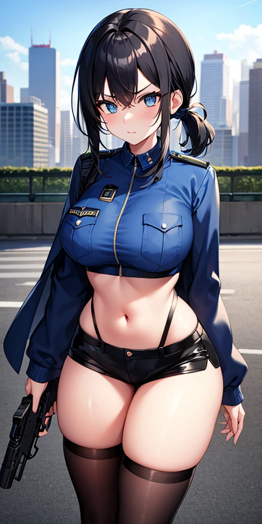 Black Hair, Breast, Dark Blue Military Cap, Ponytail, Jeans, Bikini