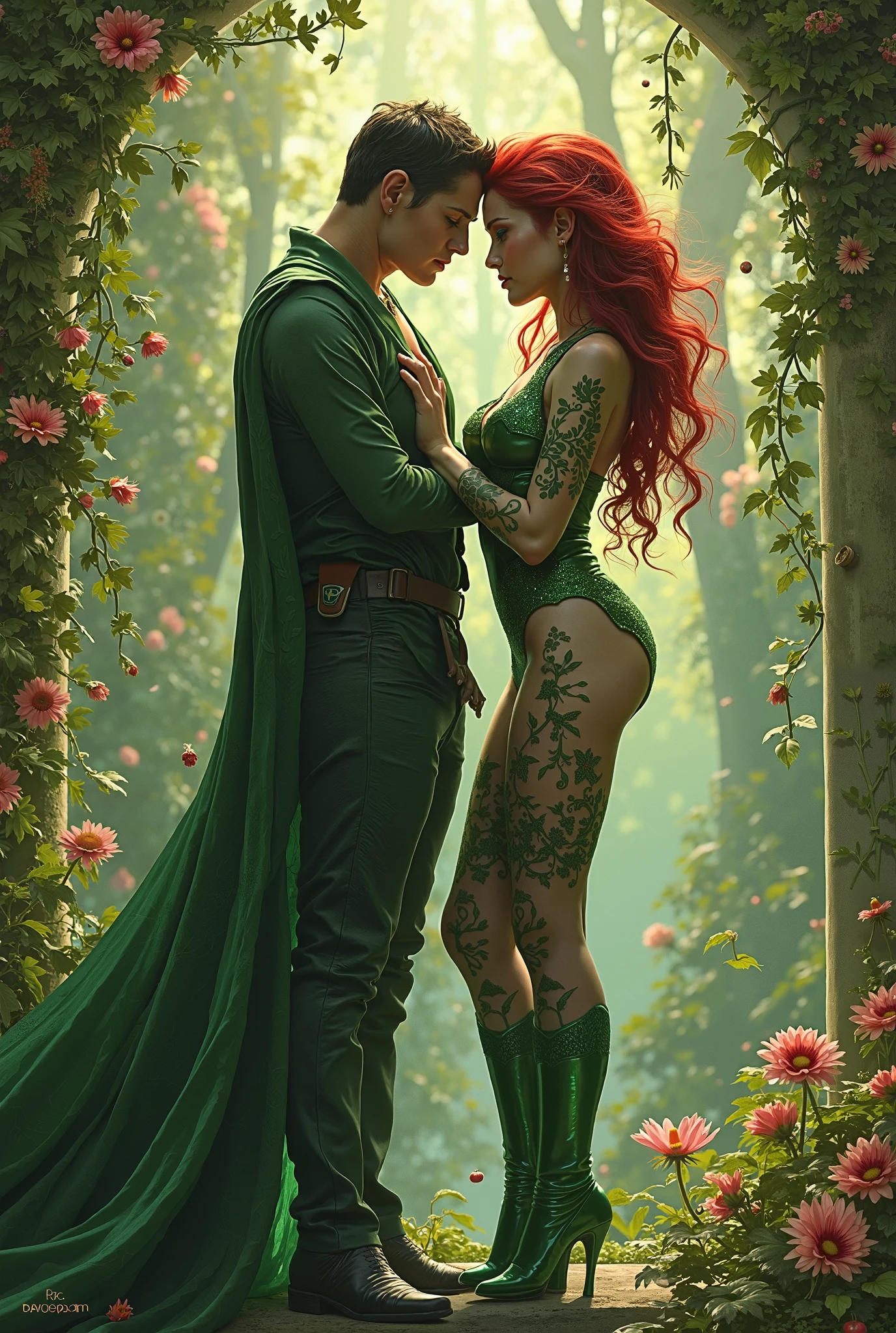 Hot Poison Ivy sexy Big boobs with long red hair ang green skin wet and kiss a man