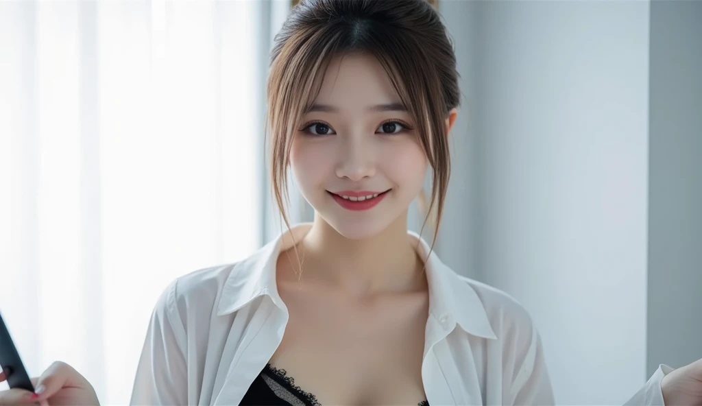  close-up of beautiful korean female, 34 inch breasts size, wearing collar shirt, Sensational Make Up, Red Lipstick, sensual Lipstick, red lips glossy, wet lips, Smile, in the room, UHD