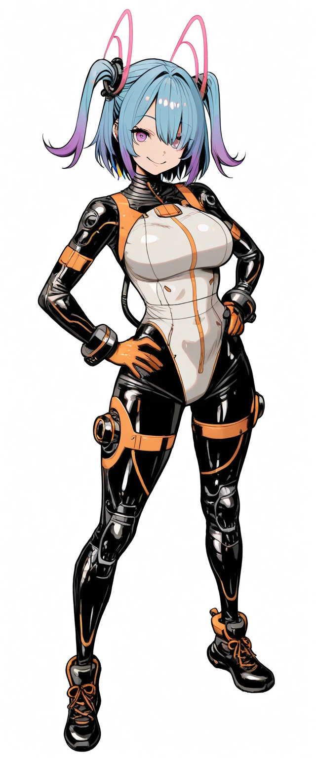A gorgeous mechanic, femme fatale, in an atompunk style, set against a blank background with retro-futuristic elements, wearing an unzipped orange jumpsuit revealing cleavage, with a mechanical hand, cybernetic augments, half-shaved ginger hair, gunmetal grey accents