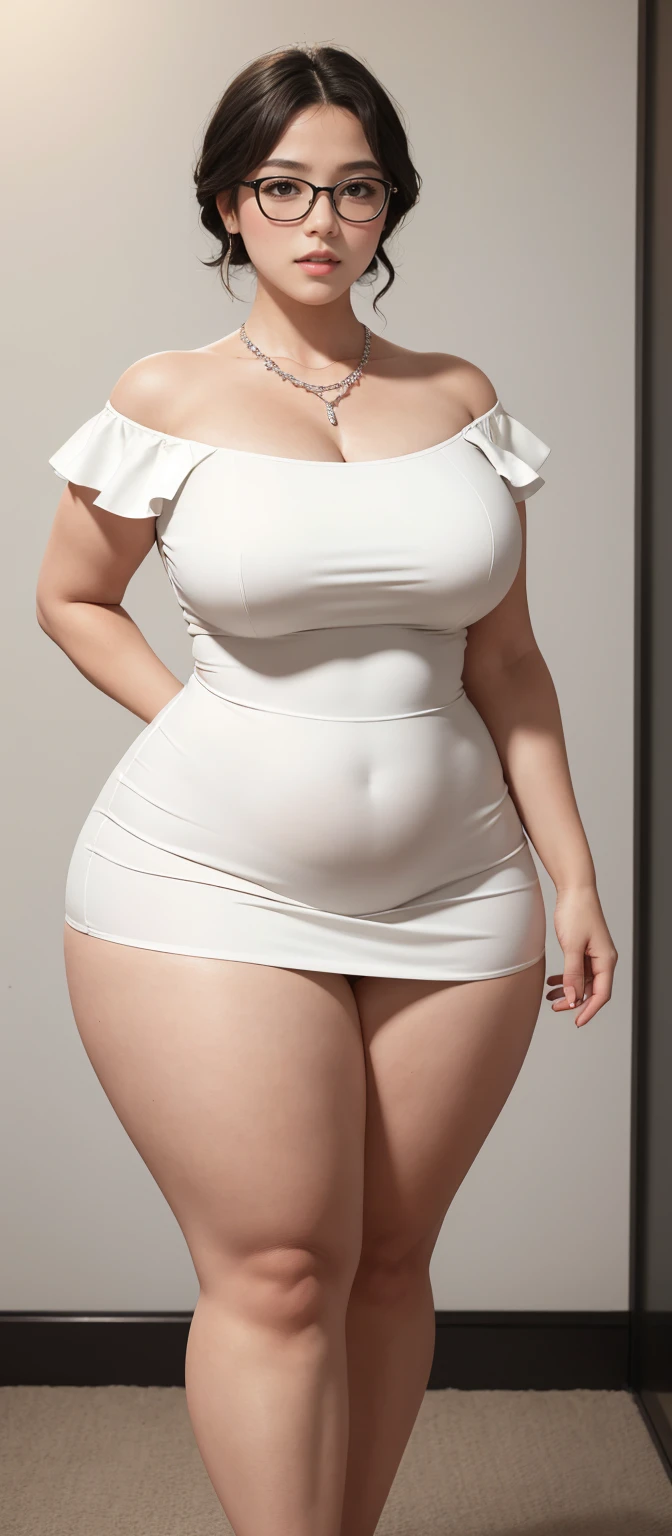 Chubby woman with fat belly and tight thighs, full body, 50-year-old mature woman, thick hips, thick neck, thick chest, big eyes, wearing a longest dress