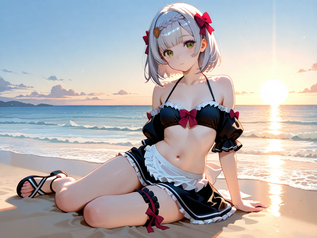 ((Masterpiece)), ((Best quality)), (perfect face), Young, nubile girl, obedient expression, hands behind back, wearing off shoulder 1 piece swimsuit, wearing open back 1 piece swimsuit, wearing ruffle 1 piece swimsuit, wearing red and white swimsuit, wearing collar and leash, leashed to a chair, kneeling at a man's feet, on a deck