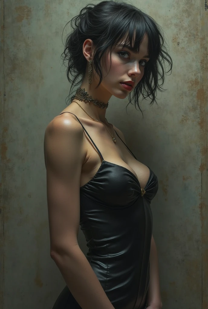 short hair, skintight black top:1.2, looking at viewer, cinematic lighting, high resolution, soft lights, high resolution skin:1.2, realistic skin texture, realistic face, solo, hips up, look at viewer, detailed face, tattoo, Exposed cleavage, blue Eyes, big boob
