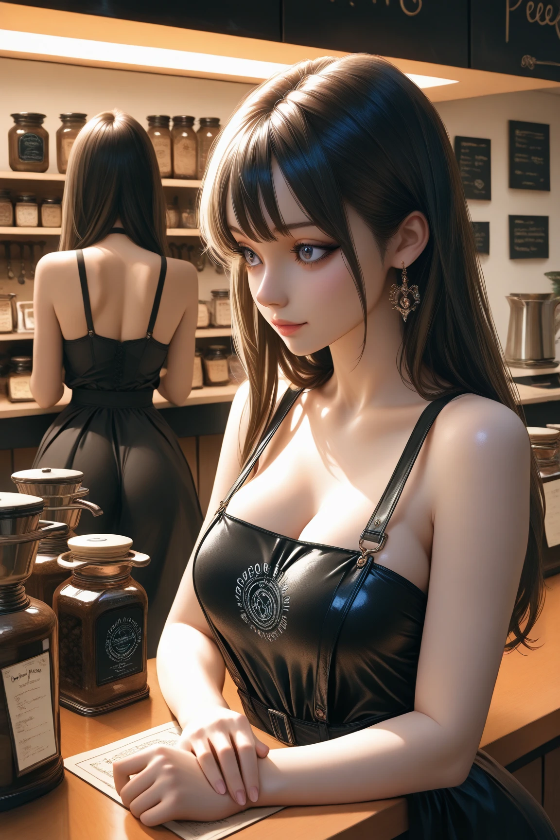 ultra high res, best quality, 1 woman, 35 year old woman, barista, silver straight side ponytail, bangs, heavy makeup, red lips, large breasts, (cowboy shot:2) <lora:breastinclassBetter_v13:0.4> <lora:Japanese-doll-likeness:0.2>, (Chinese:0.4), (Filipino:0.4), round face, fair skin, expressionless