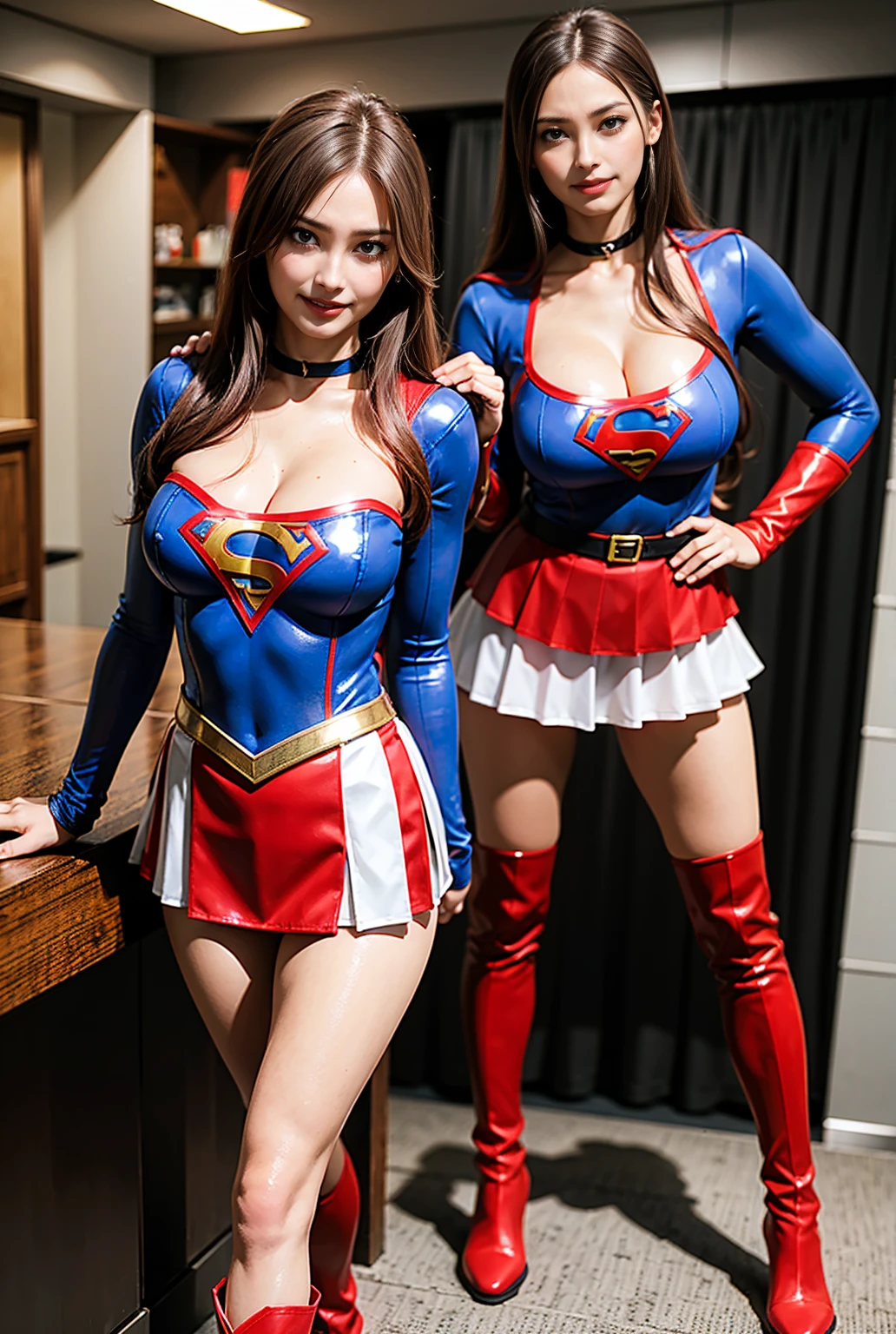masterpiece,Short-haired Supergirl sitting at school desk with legs spread、large full breasts、Looking at the camera、Glossy enamel costume、Glossy bright red enamel long boots、Shiny red skirt、Glossy bondage、a choker、Large open legs, (chubby:1.2), (huge breasts:1.3), (wide hips:1.3)
