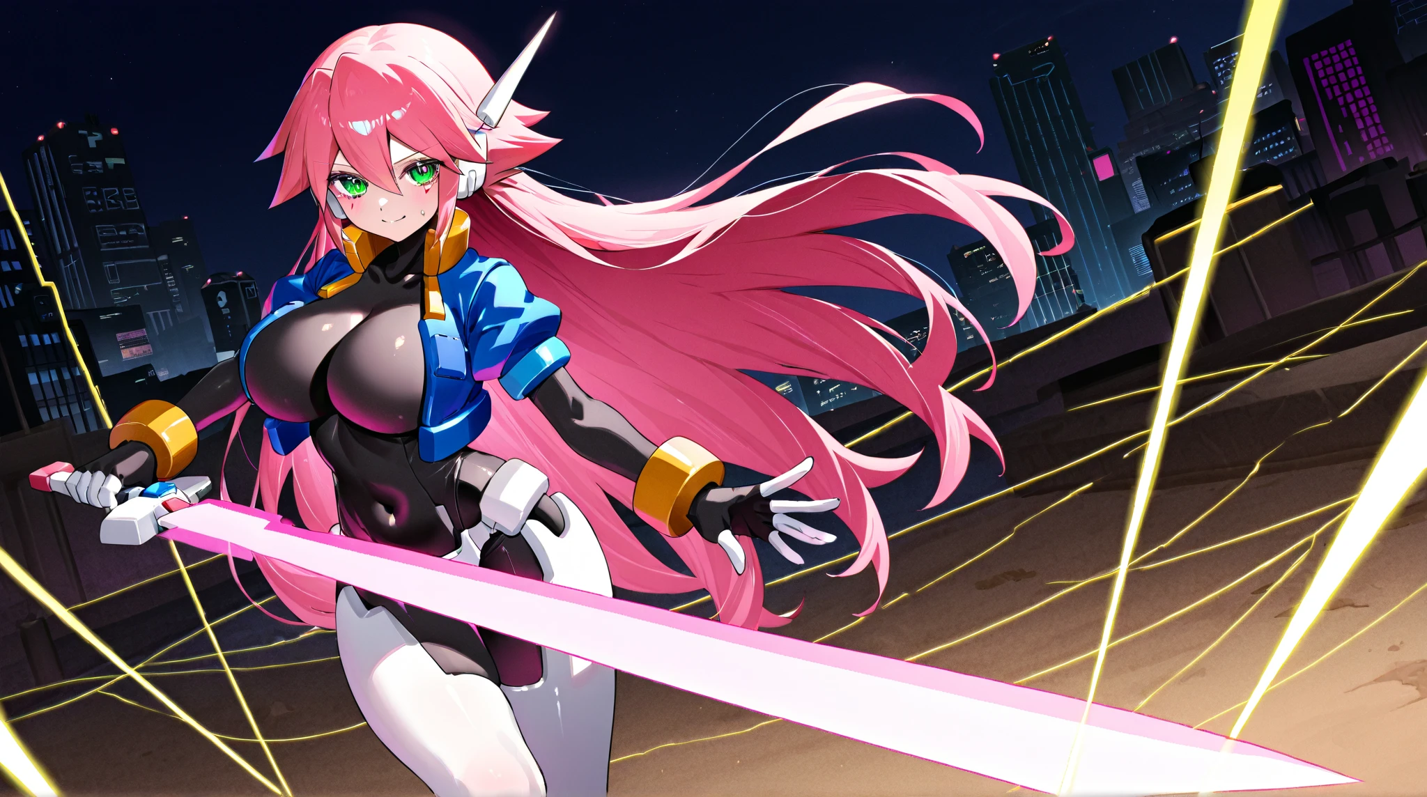 Beautiful Gynoid, long pink hair, blue eyes, Warning a Japanese jacket