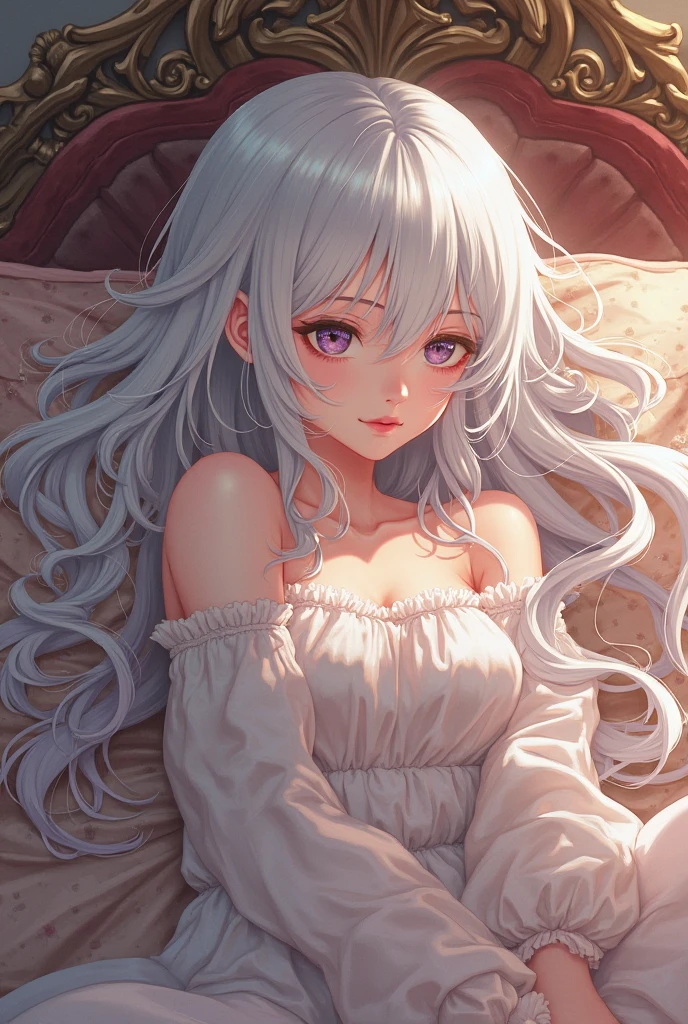 (photorealism:1.2), beautiful woman, sitting on bed, wearing loose off-shoulder top, pajama pants, long curly hair, indoors, soft lighting, plants in background, window with sunlight, cozy room, relaxed pose, realistic, intricate details, warm colors, by Greg Rutkowski, by Alphonse Mucha
Pelo blanco
Características de anime
Con un ojo de color morado y otro de color azul
En la aldea de la hoja-naruto
