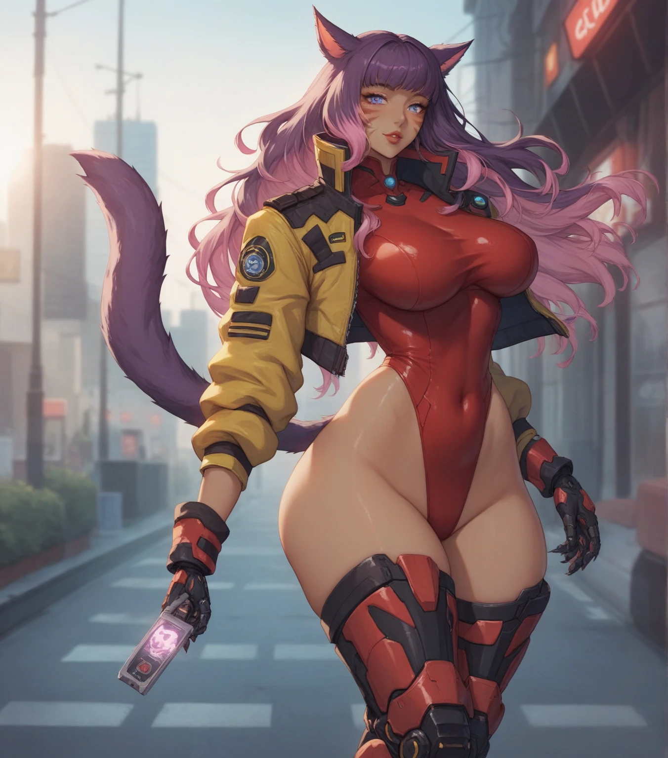 A woman sitting with her legs open with big boobs and ass, squirrel ears in anime style cartoon style with blue hair and wearing samurai clothes, digital drawing and colorful city in the background, sexual expression.