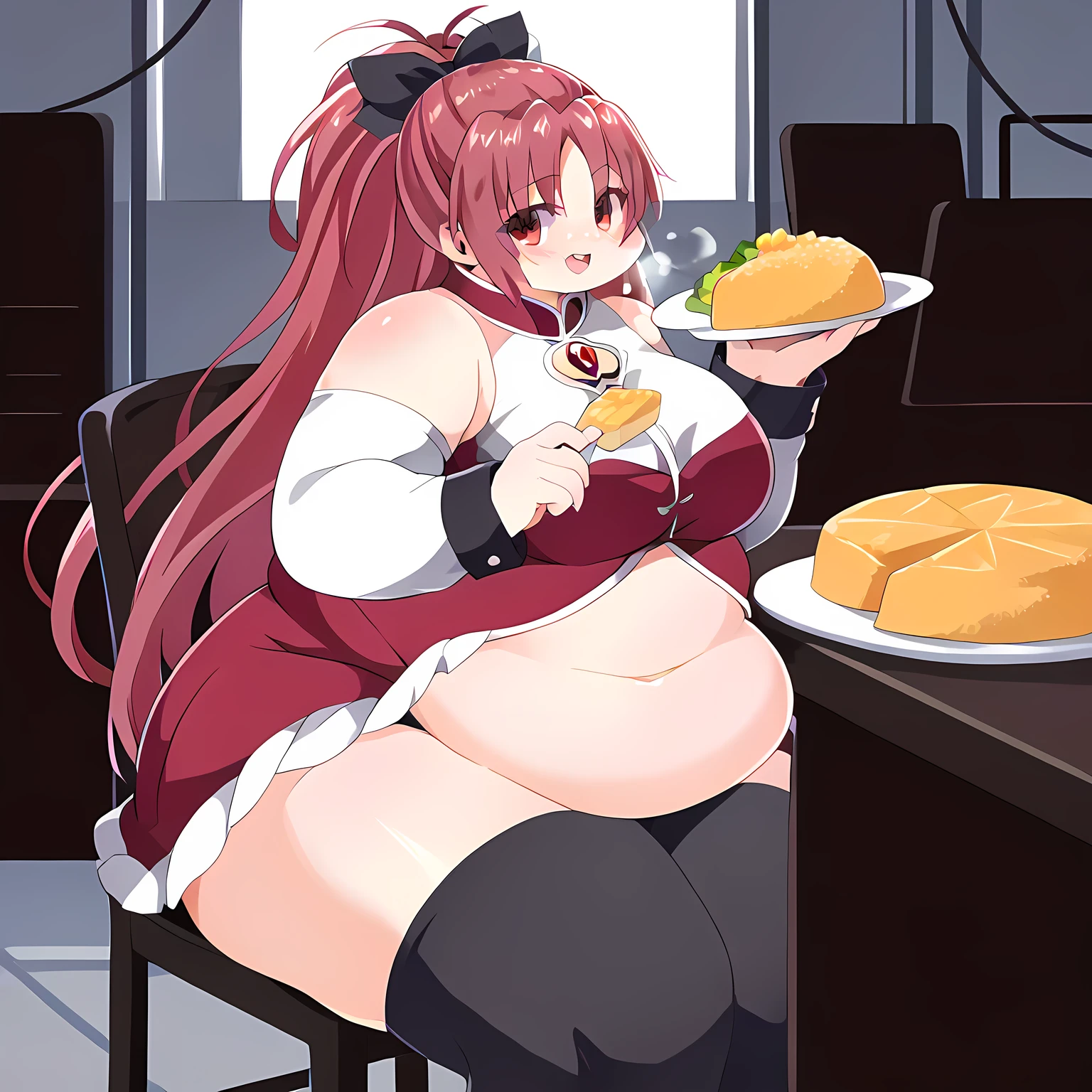 fat, large belly, big belly, very fat, large stomach, chubby (best quality, masterpiece), fat belly, at, large belly, sitting, grabbing belly, very fat, yanfei genshin Impact, yanfei standing, table full of food, fat belly