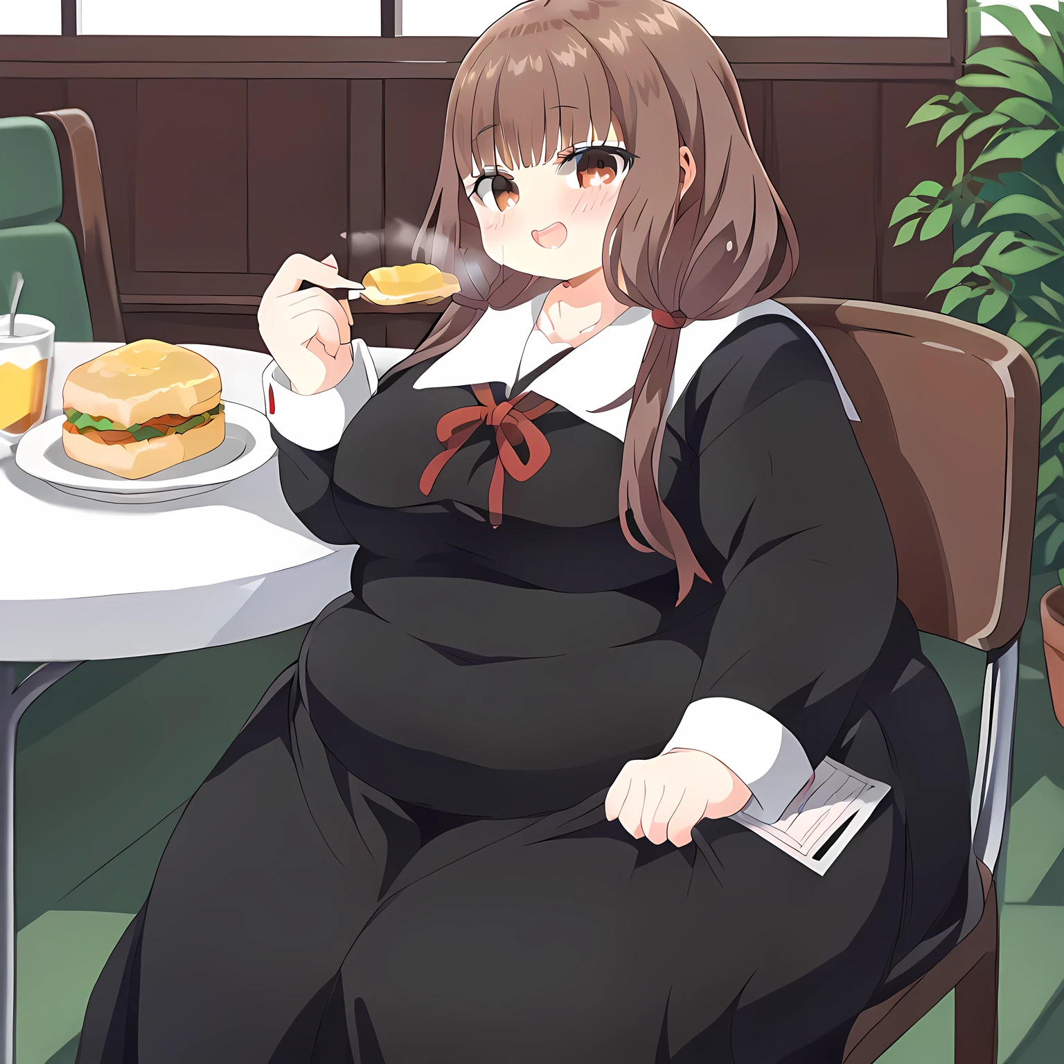 score_9, score_8_up, score_7_up, source_anime, mikoiino , miko iino , blunt bangs , brown eyes , brown hair , hair tie , long hair , low twintails , red ribbon , ribbon , twintails , long sleeves , dress , ribbon , school uniform , collarbone , black dress , sailor collar , white sailor collar , red ribbon , neck ribbon , shuuchiin academy school uniform ,, smile, , eyelid pull, blush, ,, looking at viewer, solo,, fat, chubby, obese, gigantic arms and legs, large breasts open mouth, out of breath, sitting, eating food, in front of tones of food, table, chair, blush, from side, pov belly ,