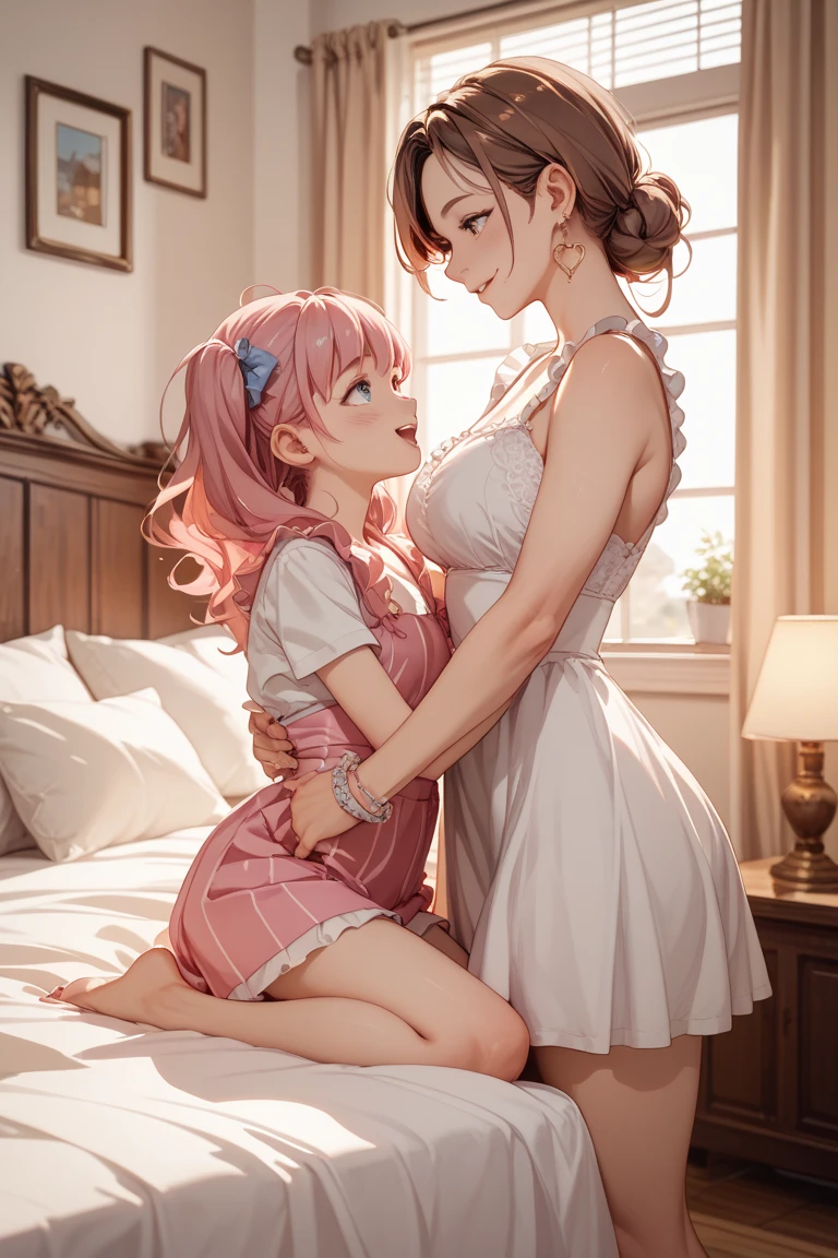 ((a handsome, light yellow tight dress)), Lace that covers the chest,The most beautiful woman in the world,Best Style,half tied hair,pink hair,pink eyes,(shy smile),breasts big,(luxury cabaret),make up,forehead exposed,bracelet,aretes,I look up