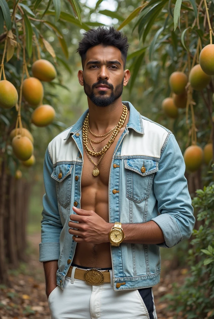 A man is sitting on a mango tree branch and posing for a photo at day time