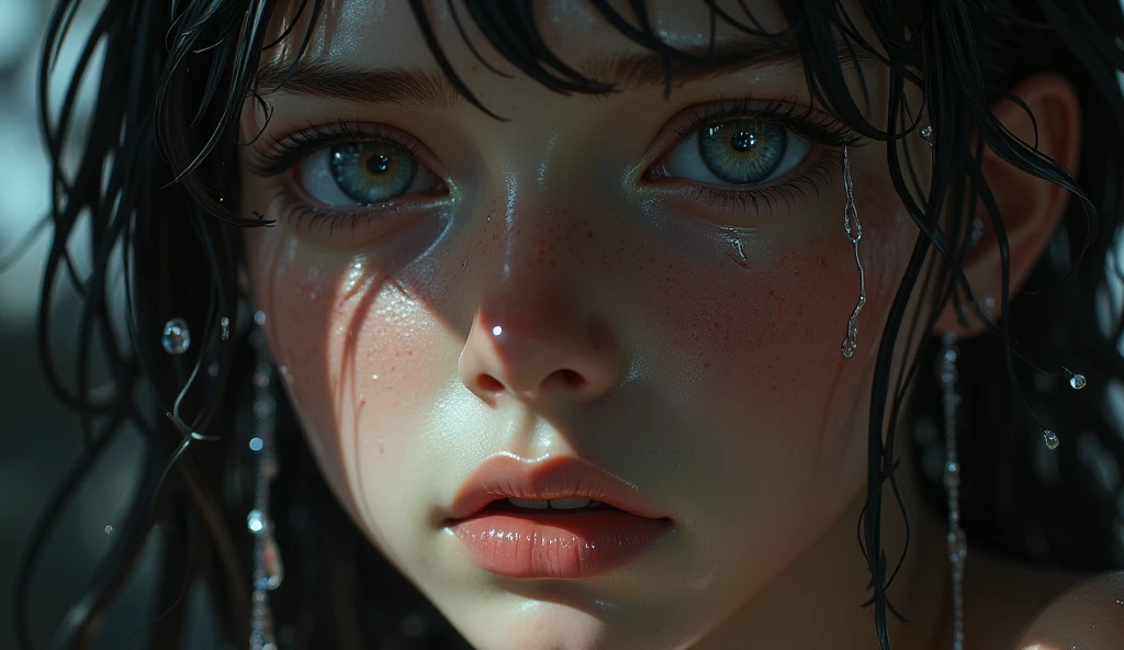 1girl, beautiful detailed eyes, beautiful detailed lips, extremely detailed face and features, long eyelashes, naked, (((small tits))), (orgasming), (fucking), (sex), ((open mouth)), (((drooling))), (((sperm))), , photorealistic, 8k, high quality, masterpiece, (((long dark black hair with tints of blue))), (flower in hair), necklace, (light grey eyes), (elaborate hairdo), ((lying))