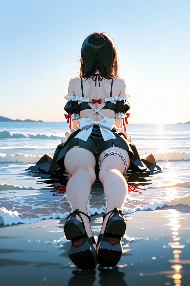 UHD,masterpieces,perfect figure,1girl,solo,white hair,middle breasts,long air,white skin,smooth skin,blue eyes,smilling,speard hair,light-blue dress,beautiful waist,,white panyhose,nake arms,bows in head back,sitting,bright sky,sunny weather,Translucent fabric,cute style,at the sea,looking at viewer,(zombification:1.66)