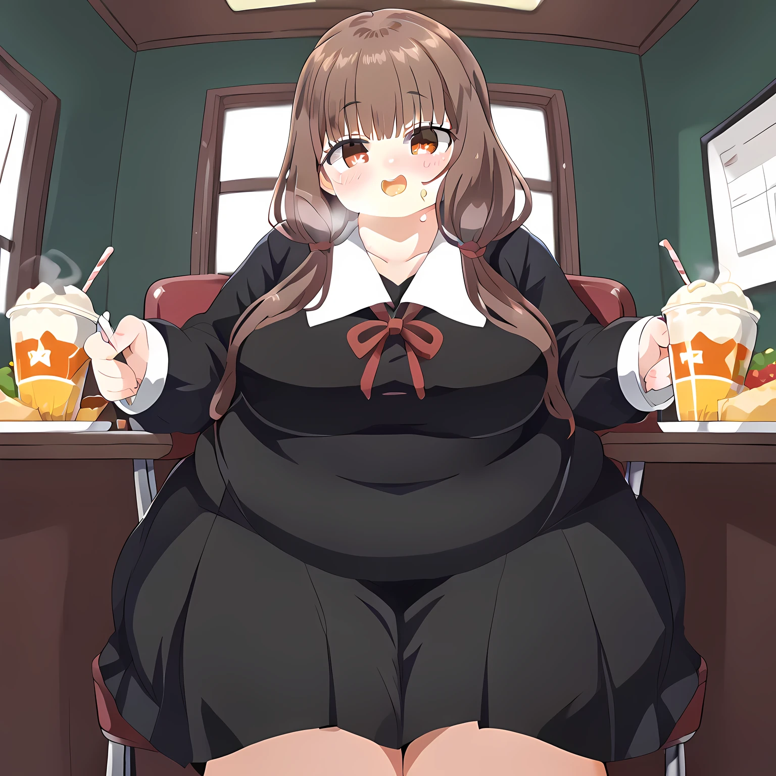 score_9, score_8_up, score_7_up, source_anime, mikoiino , miko iino , blunt bangs , brown eyes , brown hair , hair tie , long hair , low twintails , red ribbon , ribbon , twintails , long sleeves , dress , ribbon , school uniform , collarbone , black dress , sailor collar , white sailor collar , red ribbon , neck ribbon , shuuchiin academy school uniform ,, smile, , eyelid pull, blush, ,, looking at viewer, solo,, fat, chubby, obese, gigantic arms and legs, large breasts open mouth, out of breath, sitting, eating food, in front of tones of food, table, chair, blush, from below, pov belly ,