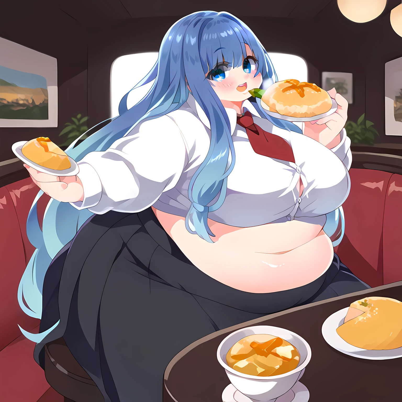 score_9, score_8_up, score_7_up, source_anime, detailed eyes, best quality, great quality, high resolution, is very aesthetic, high resolution, super precise, Perfect Details ,, only
Kurokawa Akane , long hair , bungs , blue eyes , big breasts , blue hair , multi colored hair , gradient hair ,,very long hair,
white shirt , long sleeve , uniform , red tie ,black skirt
Anime painting, Official Illustration , , ,, smile, , eyelid pull, blush, ,, looking at viewer, solo,, fat, chubby, obese, gigantic arms and legs, large breasts open mouth, out of breath, sitting, eating food, in front of tones of food, table, chair, blush, from side, pov belly , indoor, restaurant,