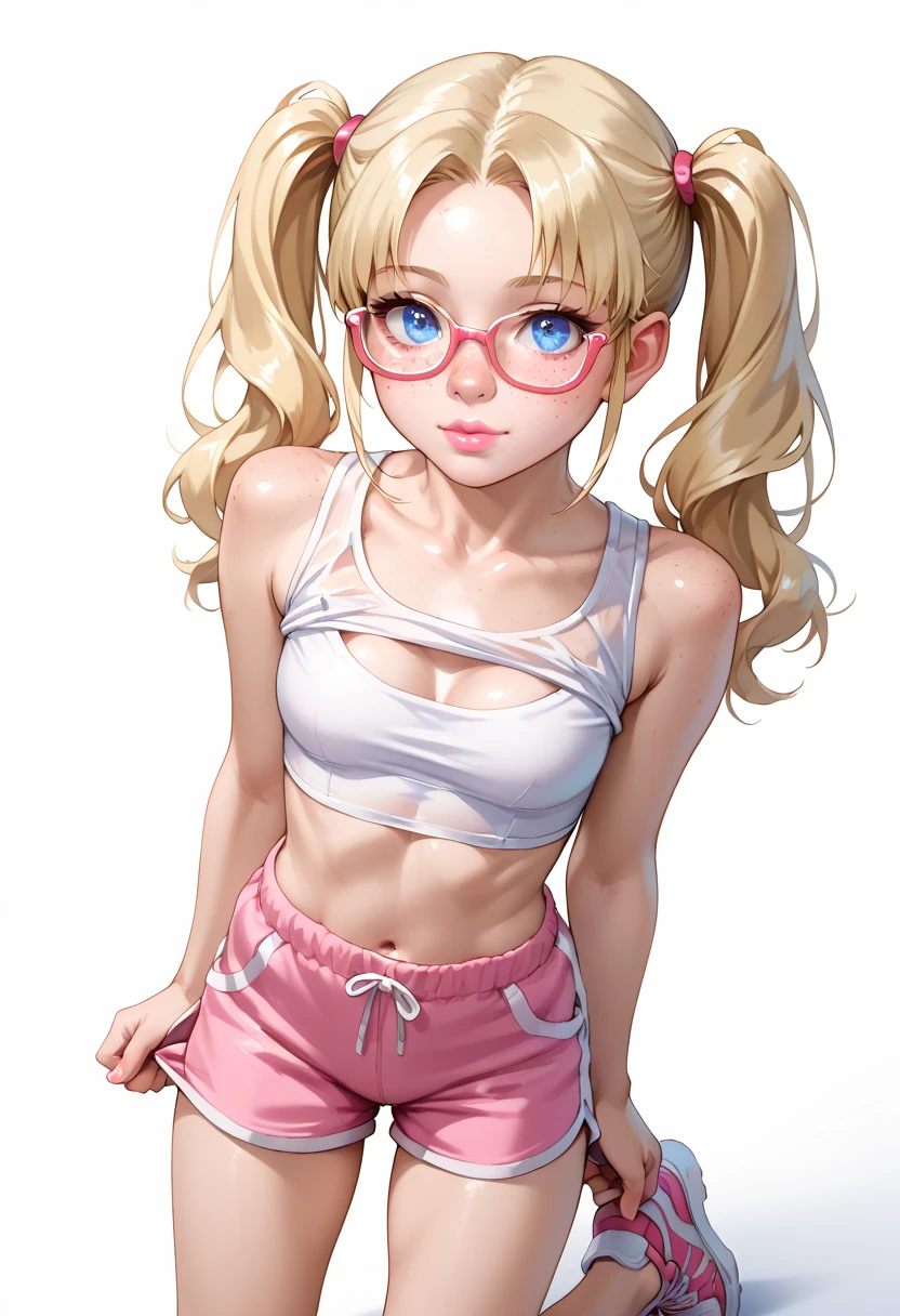 1 kawaii gamer girl, nsfw, japanese girl, solo, bright aqua eyes, glasses, eyelids, blush, seductive smile, naughty expression, red lips, hair bangs, smooth long hair, blonde hair, pink ribbon hairband, heart earings, collar, collarbone, sexy body, slim waist, navel, natural nude huge  tits, cleavage, flat chest, cleavage, erotic sport bra, erotic pose, looking at viewer, flat green background, upper body