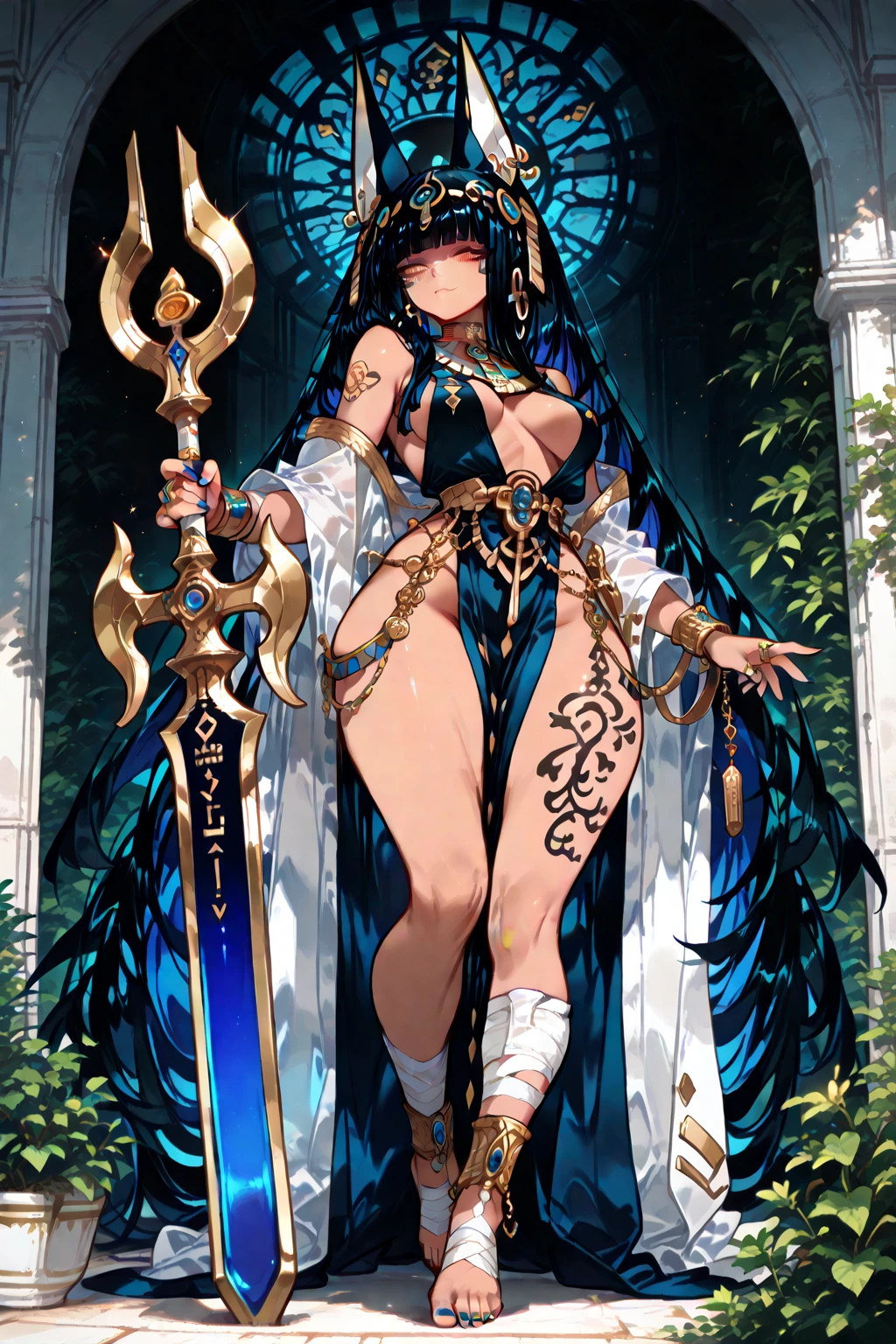 (long  white hair)，the rainforest，a throne，A desert，Egyptian culture，Pharaoh，Cleopatra，a mature female，Black skin，Brown skin，(Dress revealingly)，(huge tit)，((cleavage))，(((tit)))，((Erotic lingerie))，(revealing her belly)