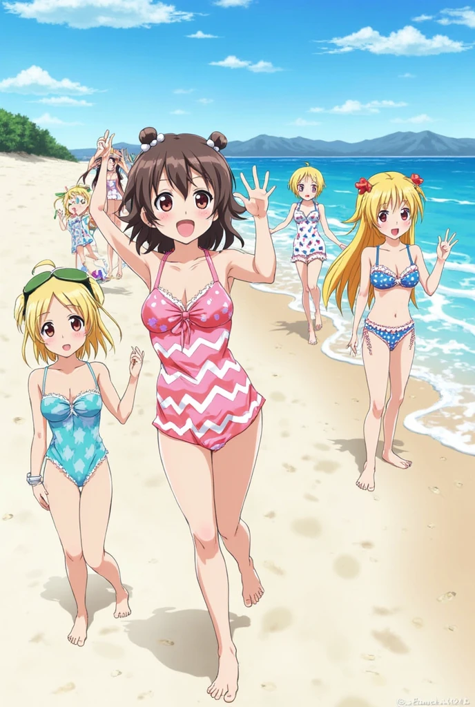sleeve cape, beach scene, Girls in bikini, hot girls, Cute, high school girls in bikinis on the beach, celebration, boys and girls, hot girls, Shonen Magazine