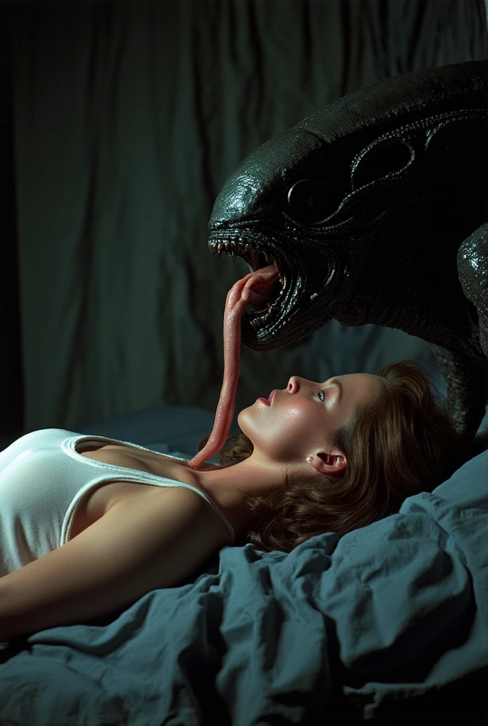 A giant big Hight strong muscled alien touching a brown blonde hair pregnant woman chest no chest clothes and he opened his mouth and saliva flow from his mouth to her belly and both laying on the bed 