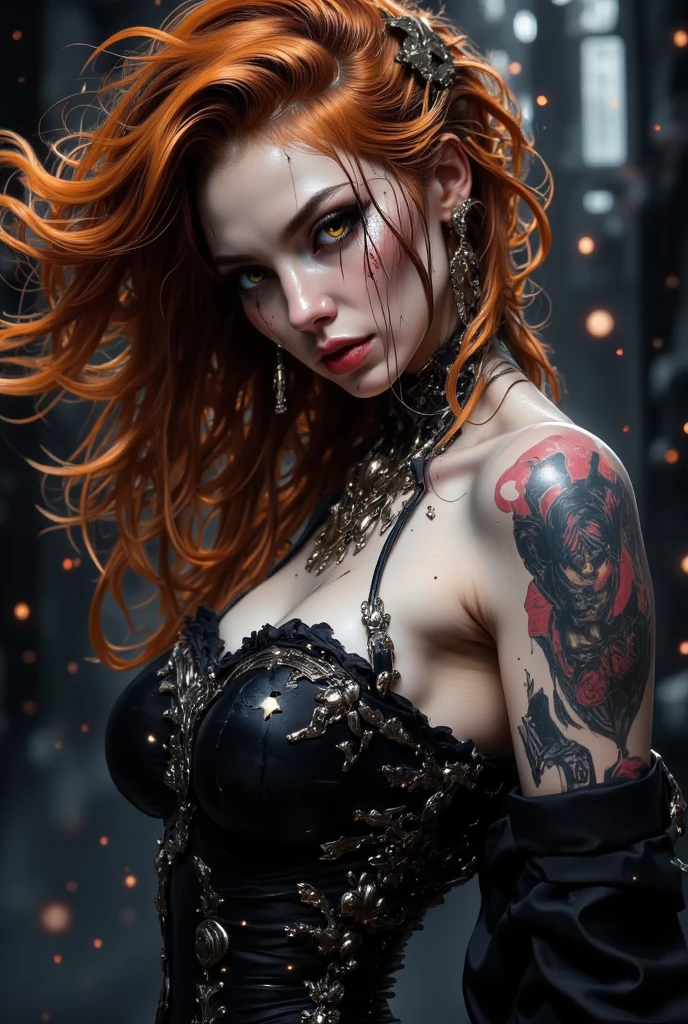 Beautiful urban warrior,,(Cabernet),,red hair,,red eyes,, beautiful lady, tattoos, badass,, scifi,, urban fantasy, dark neon,((massive perfect breast)),, snoopy breast, ((naked breast)),, realistic skin texture, extreme details, ultra realistic,,, detailed skin texture, closeup portrait,